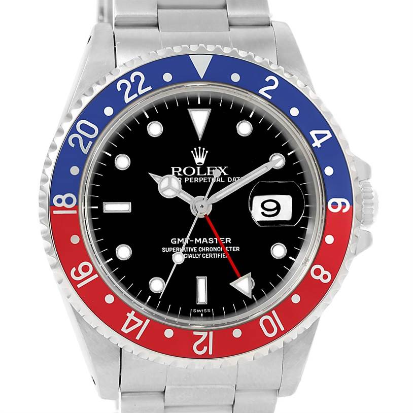 This Rolex GMT-Master 16700 Men's Stainless Steel Black Dial 16700 Men's Stainless Steel Black Dial watch is shown from the front, featuring its bezel, dial, and bracelet.