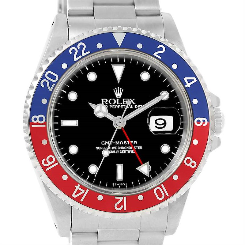 This Rolex GMT-Master watch is shown from the front, featuring its bezel, dial, and bracelet.