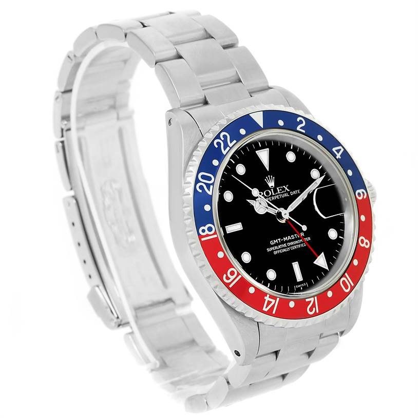 This image shows a side angle of a Rolex GMT-Master 16700 Men's Stainless Steel Black Dial 16700 Men's Stainless Steel Black Dial watch, highlighting the bezel, dial, bracelet, and clasp.