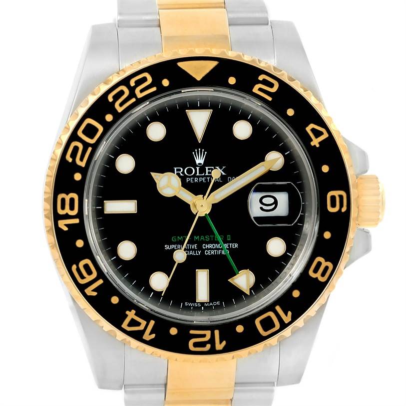 The image shows a Rolex GMT-Master 116713 Men's Stainless Steel Black Dial 116713 Men's Stainless Steel Black Dial watch, featuring a black dial, gold and stainless steel design, and the date display magnifier.