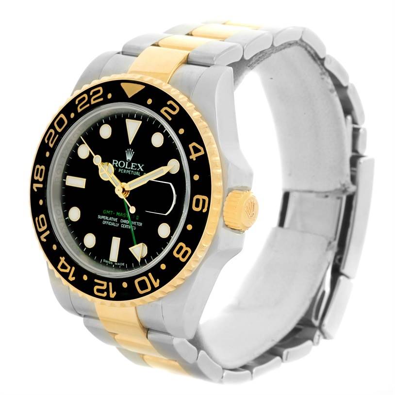 The image shows a front and side view of a Rolex GMT-Master 116713 Men's Stainless Steel Black Dial 116713 Men's Stainless Steel Black Dial with a black dial, black bezel, and two-tone gold and steel bracelet.