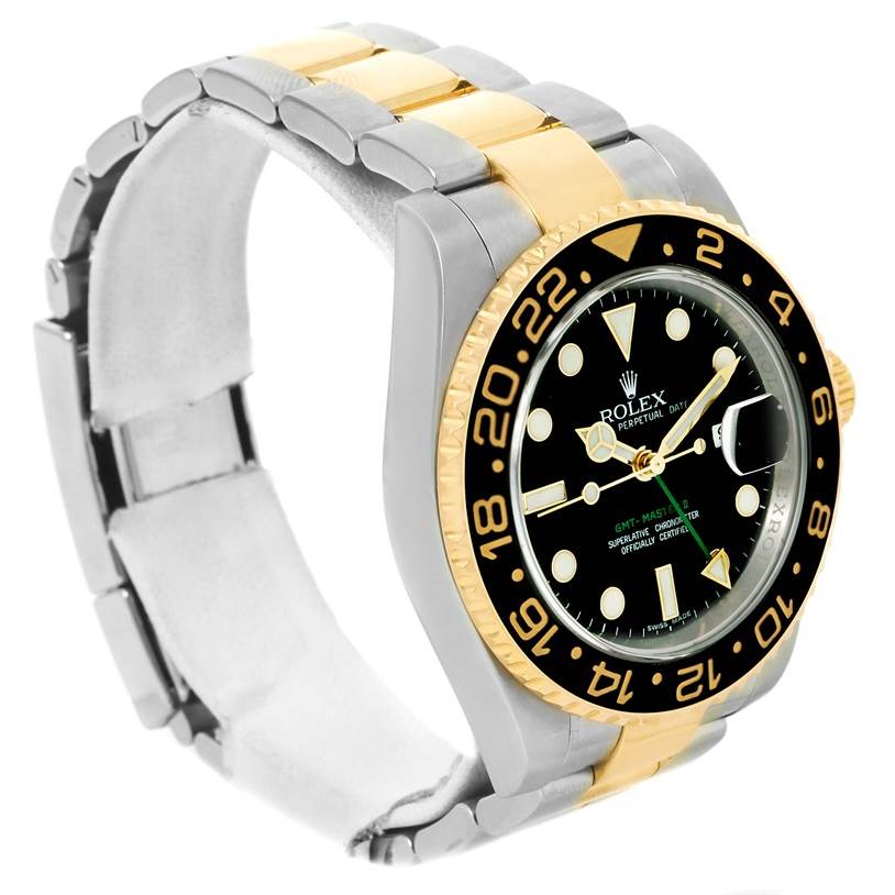 The image shows a Rolex GMT-Master 116713 Men's Stainless Steel Black Dial 116713 Men's Stainless Steel Black Dial watch from a front-side angle, highlighting the bezel, dial, and part of the bracelet.