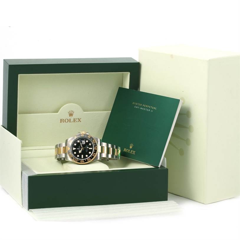 The image shows a Rolex GMT-Master 116713 Men's Stainless Steel Black Dial 116713 Men's Stainless Steel Black Dial II watch in its open box with an instruction manual.