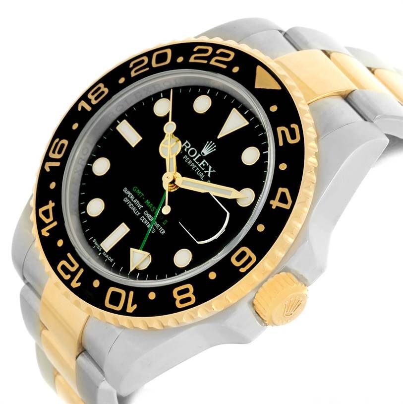 The image shows a Rolex GMT-Master 116713 Men's Stainless Steel Black Dial 116713 Men's Stainless Steel Black Dial watch at an angled view featuring the bezel, dial, and a portion of the bracelet.
