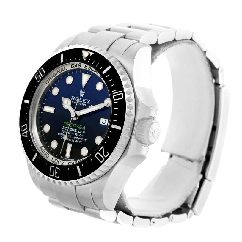 This is a Rolex Sea-Dweller Deepsea watch, shown from a front-side angle, displaying its bezel, dial, crown, and bracelet.