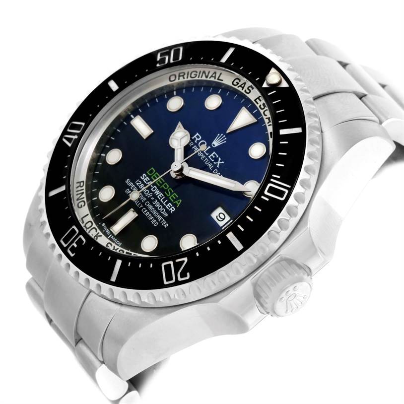 This image shows a Rolex Sea-Dweller watch from an angled perspective, highlighting the dial, bezel, crown, and bracelet.