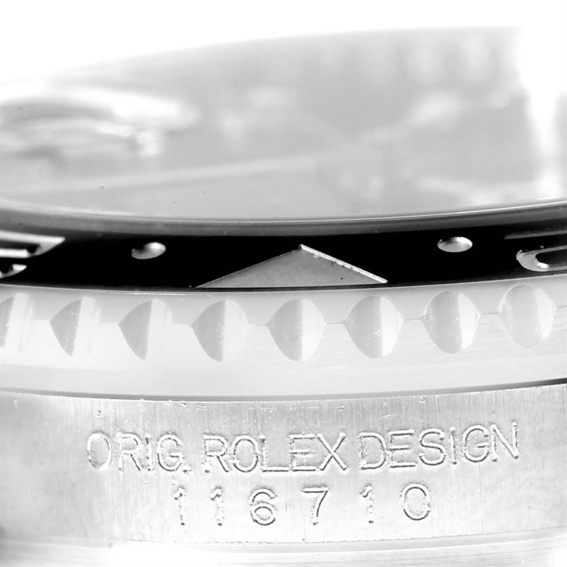 Close-up angle showing the side of the Rolex GMT-Master 116710 Men's Stainless Steel Black Dial 116710 Men's Stainless Steel Black Dial watch, model number 116710, with part of the bezel and case visible.