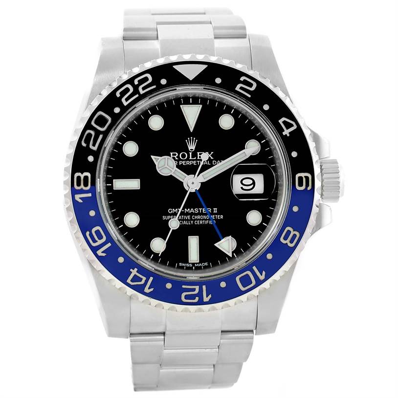 The image shows a front view of the Rolex GMT-Master 116710 Men's Stainless Steel Black Dial 116710 Men's Stainless Steel Black Dial II watch, displaying its dial, bezel, and bracelet.