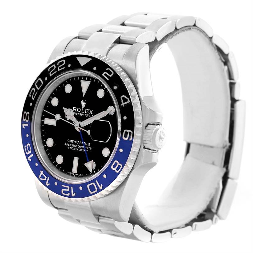 This Rolex GMT-Master 116710 Men's Stainless Steel Black Dial 116710 Men's Stainless Steel Black Dial watch is shown at a three-quarter angle, displaying its dial, bezel, and bracelet prominently.