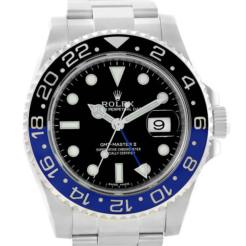 The image shows a front view of the Rolex GMT-Master 116710 Men's Stainless Steel Black Dial 116710 Men's Stainless Steel Black Dial II watch with a black and blue bezel and a stainless steel bracelet.