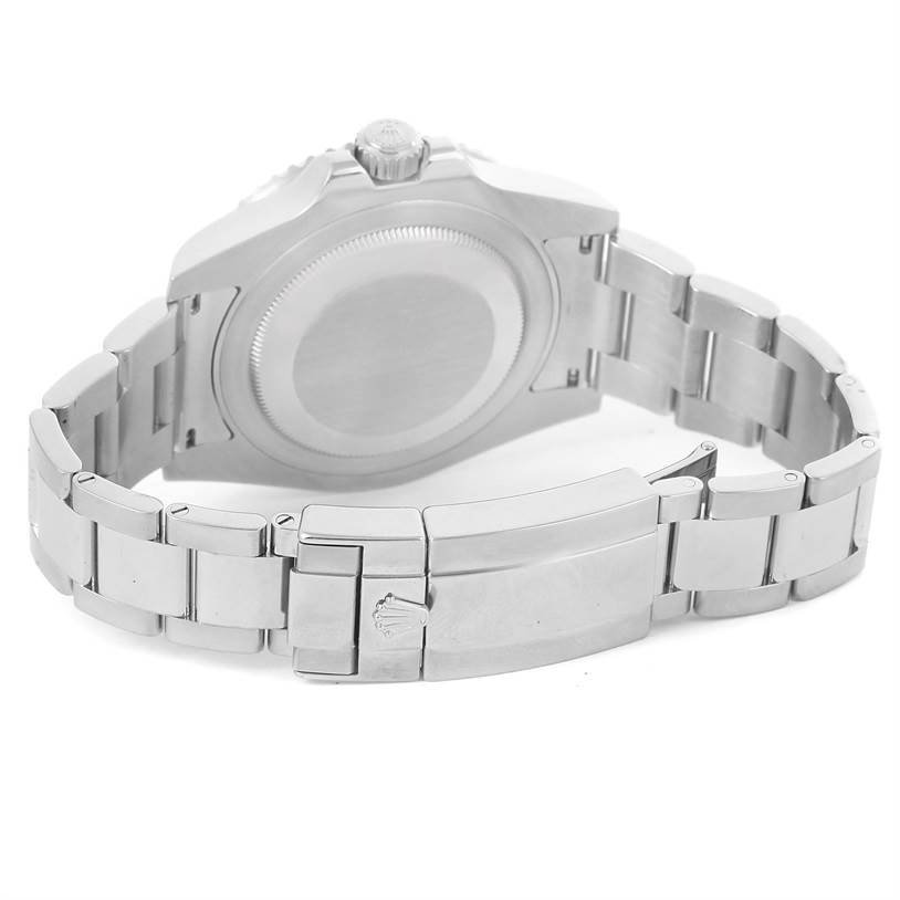 This image shows the Rolex GMT-Master 116710 Men's Stainless Steel Black Dial 116710 Men's Stainless Steel Black Dial watch from a rear angle, highlighting the case back and stainless steel bracelet clasp.