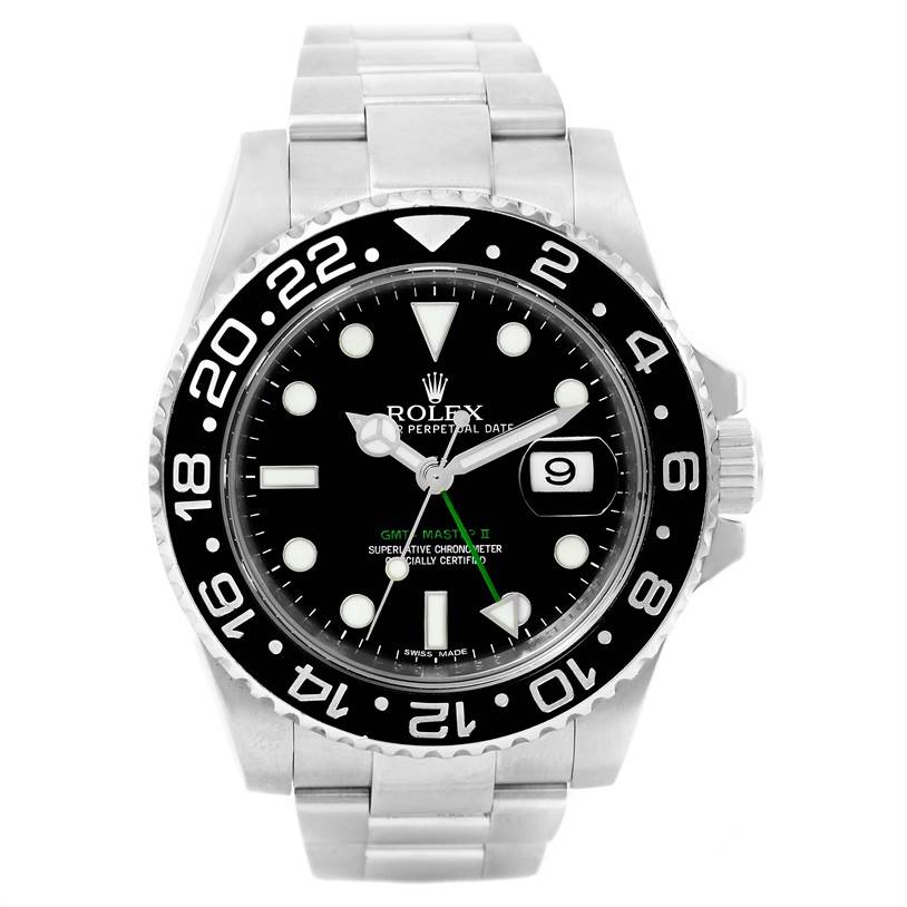 The image displays a front view of a Rolex GMT-Master 116710 Men
s Stainless Steel Black Dial 116710 Men
s Stainless Steel Black Dial II watch with its bezel, dial, bracelet, hands, and date window visible.