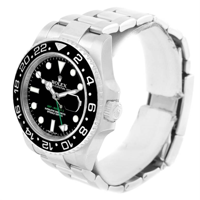 The image shows a side-front view of a Rolex GMT-Master 116710 Men
s Stainless Steel Black Dial 116710 Men
s Stainless Steel Black Dial watch, highlighting its bezel, dial, and stainless steel bracelet.