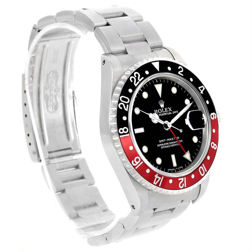 The Rolex GMT-Master 16700 Men
s Stainless Steel Black Dial 16700 Men
s Stainless Steel Black Dial watch is shown at a slight angle, displaying the face, bezel, and stainless steel bracelet.