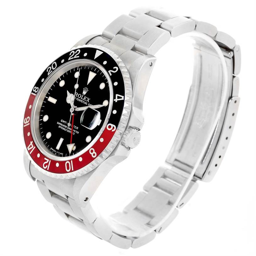 This image shows a side angled view of the Rolex GMT-Master 16700 Men
s Stainless Steel Black Dial 16700 Men
s Stainless Steel Black Dial watch, highlighting the bezel, dial, and bracelet.