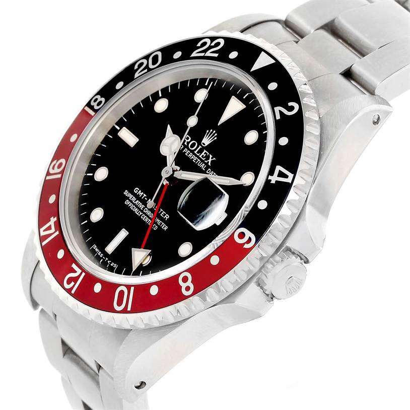 The image shows a side angle of a Rolex GMT-Master 16700 Men
s Stainless Steel Black Dial 16700 Men
s Stainless Steel Black Dial watch, highlighting the bezel, dial, and crown.