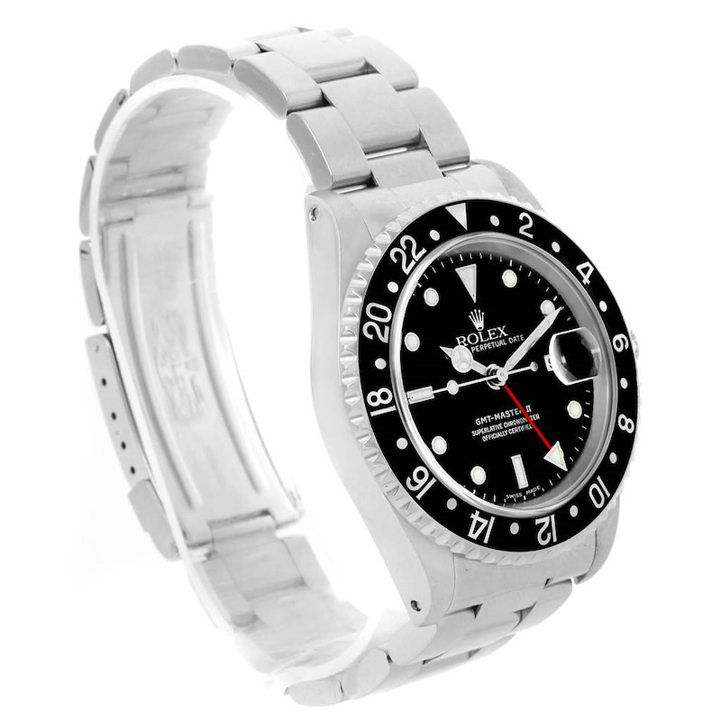 This Rolex GMT-Master 16710 Men's Stainless Steel Black Dial 16710 Men's Stainless Steel Black Dial watch is shown from a three-quarter angle, displaying the face, bezel, and bracelet.
