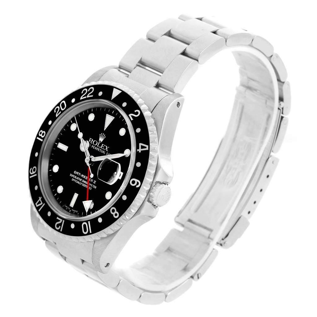 This image shows a Rolex GMT-Master 16710 Men's Stainless Steel Black Dial 16710 Men's Stainless Steel Black Dial watch from an angled side view, displaying its bezel, dial, and bracelet.