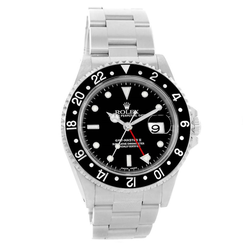 This image shows a front view of a Rolex GMT-Master 16710 Men's Stainless Steel Black Dial 16710 Men's Stainless Steel Black Dial II watch, displaying its black dial, date window, hour markers, and stainless steel bracelet.