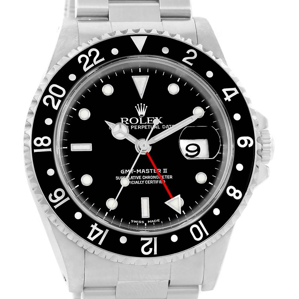 This image shows a front-facing view of a Rolex GMT-Master 16710 Men's Stainless Steel Black Dial 16710 Men's Stainless Steel Black Dial II watch, displaying its bezel, dial, hands, and part of the bracelet.