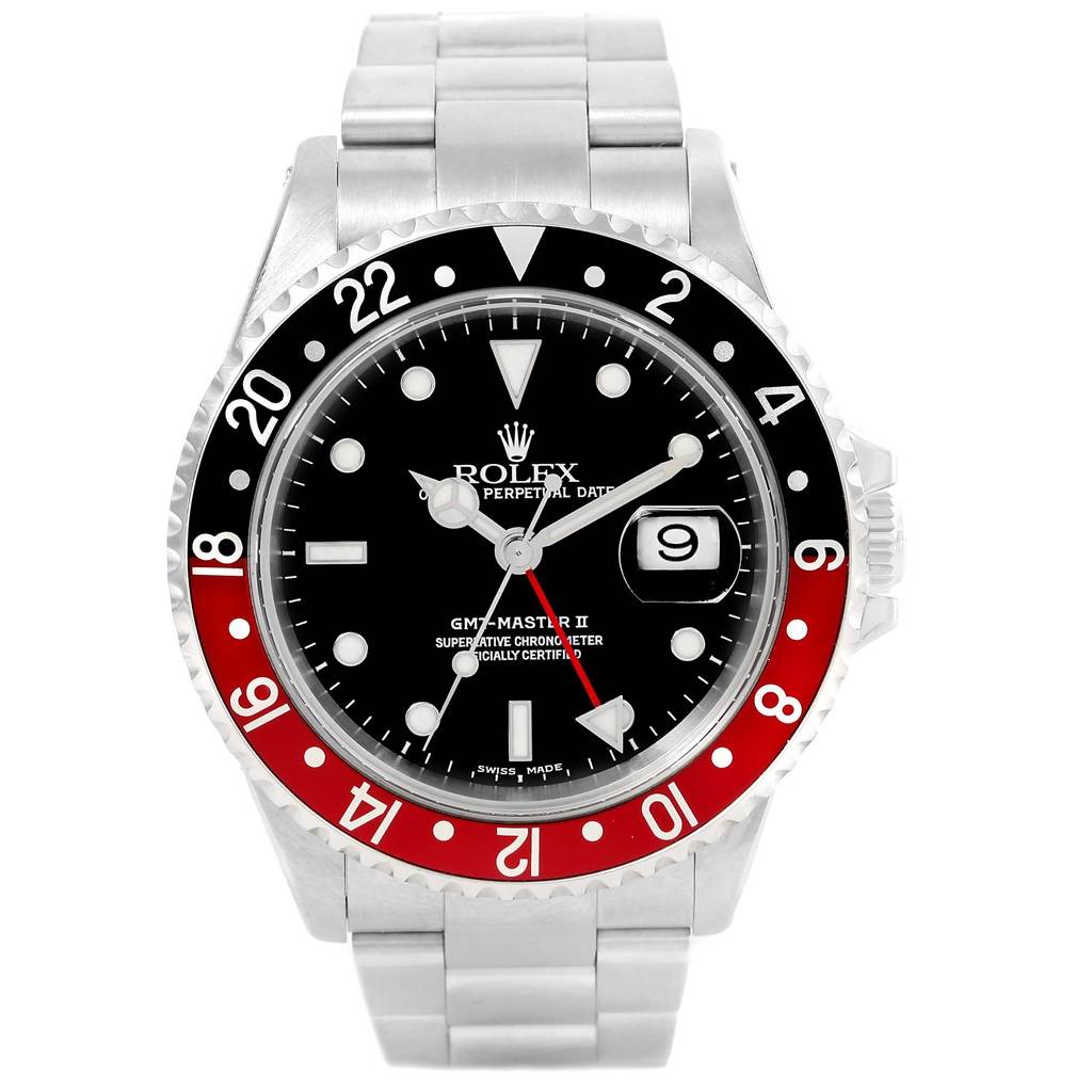 The image shows the front view of a Rolex GMT-Master 16710 Men's Stainless Steel Black Dial 16710 Men's Stainless Steel Black Dial II watch, displaying the dial, bezel, hands, and bracelet.
