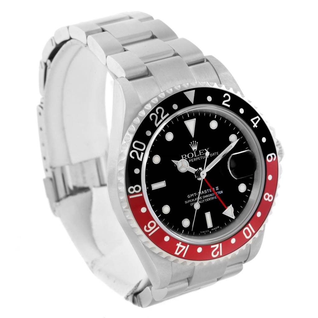 The Rolex GMT-Master 16710 Men's Stainless Steel Black Dial 16710 Men's Stainless Steel Black Dial watch is shown at a slight angle, displaying the full face, bezel, and part of the bracelet.