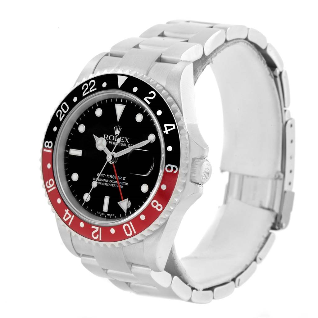 The Rolex GMT-Master 16710 Men's Stainless Steel Black Dial 16710 Men's Stainless Steel Black Dial watch is shown at a side angle, displaying its face, bezel, case, and bracelet.