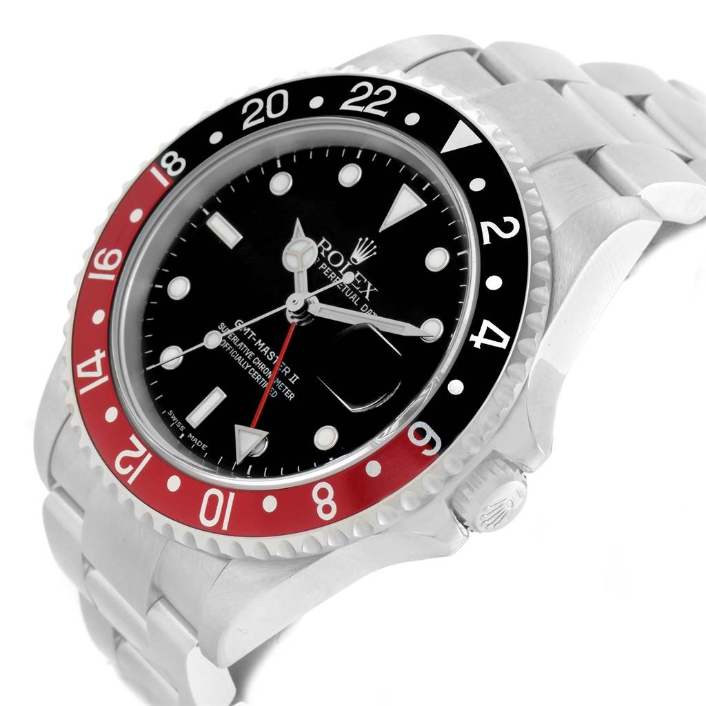 The image shows a side angle of the Rolex GMT-Master 16710 Men's Stainless Steel Black Dial 16710 Men's Stainless Steel Black Dial II watch, highlighting the bezel, dial, hands, and part of the bracelet.