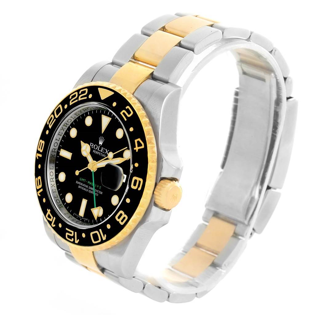The Rolex GMT-Master 116713 Men's Stainless Steel Black Dial 116713 Men's Stainless Steel Black Dial watch is shown at a three-quarter angle, displaying the bezel, dial, and bracelet.