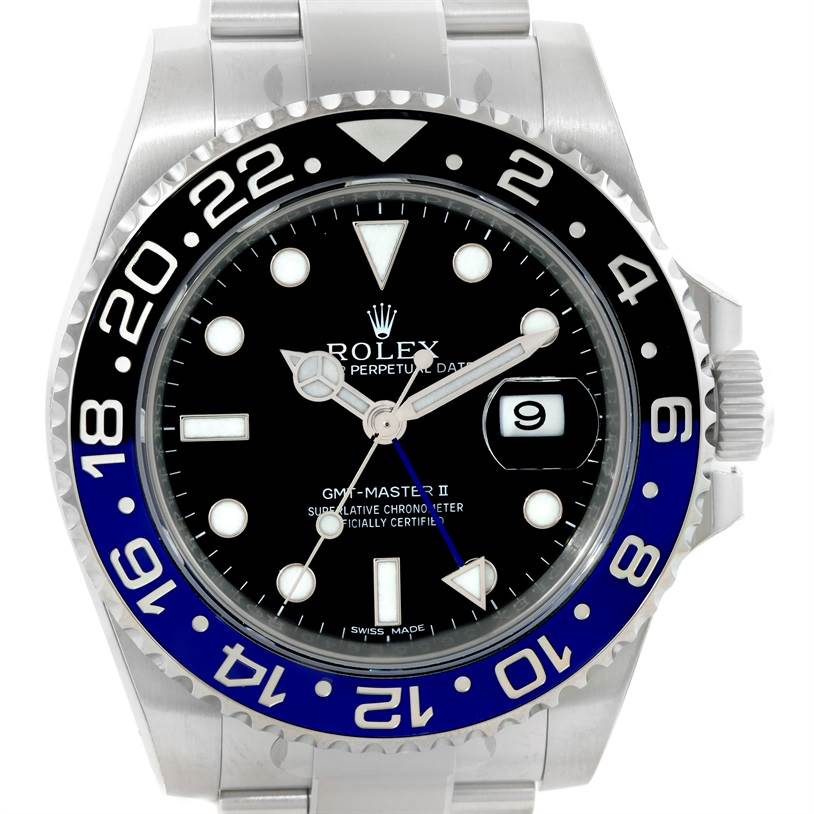 This image shows a front view of the Rolex GMT-Master 116710 Men's Stainless Steel Black Dial 116710 Men's Stainless Steel Black Dial II watch with its bezel, crown, and dial visible.