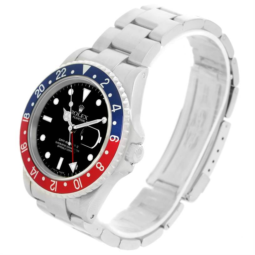 The image shows a Rolex GMT-Master 16710 Men's Stainless Steel Black Dial 16710 Men's Stainless Steel Black Dial watch at a slight angle, displaying its dual-color red and blue bezel, black dial, and metal bracelet.