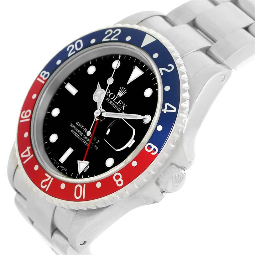 The image shows a side view of a Rolex GMT-Master 16710 Men's Stainless Steel Black Dial 16710 Men's Stainless Steel Black Dial watch highlighting the bezel, dial, and bracelet.