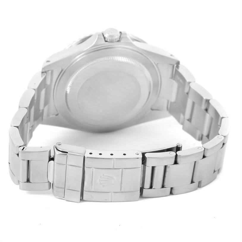 The image shows the back and clasp of the Rolex GMT-Master 16710 Men's Stainless Steel Black Dial 16710 Men's Stainless Steel Black Dial watch, with a focus on the watch's bracelet and case back.