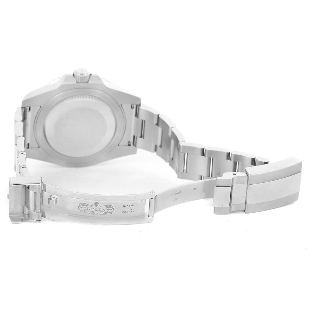 The image shows the back and clasp of a Rolex GMT-Master 116710BLNR Men's Stainless Steel Black Dial 116710BLNR Men's Stainless Steel Black Dial watch, with the bracelet fully opened.