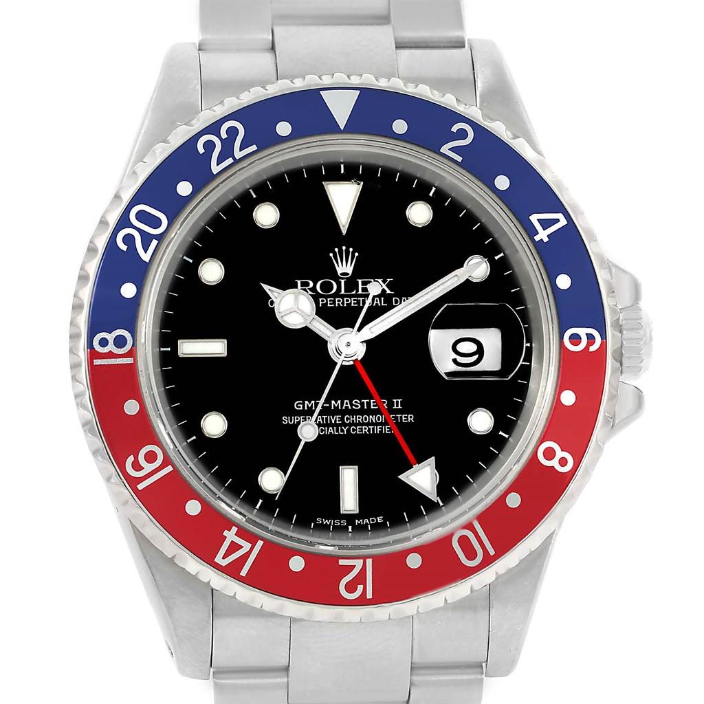 This image shows the front view of a Rolex GMT-Master 16710 Men's Stainless Steel Black Dial 16710 Men's Stainless Steel Black Dial II watch, highlighting the face, bezel, and part of the bracelet.
