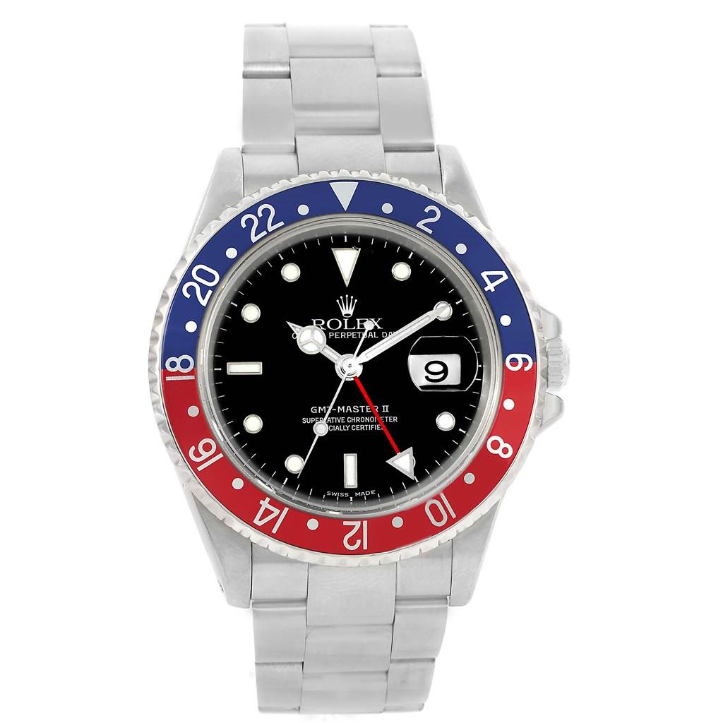 The image shows a front view of the Rolex GMT-Master 16710 Men's Stainless Steel Black Dial 16710 Men's Stainless Steel Black Dial II watch, featuring a blue and red bezel and a stainless steel band.