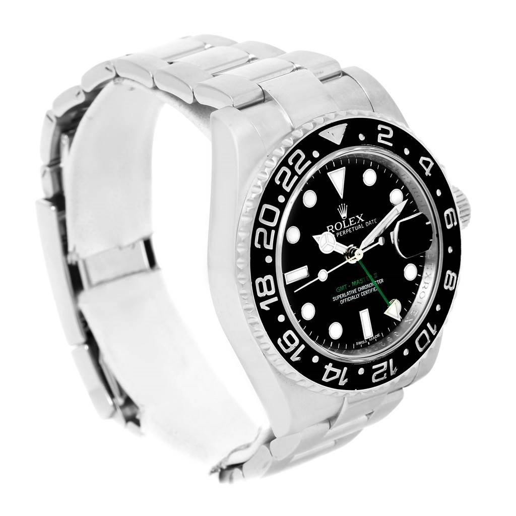 The image shows a side angle view of a Rolex GMT-Master 116710 Men's Stainless Steel Black Dial 116710 Men's Stainless Steel Black Dial watch, highlighting the bezel, dial, and bracelet.