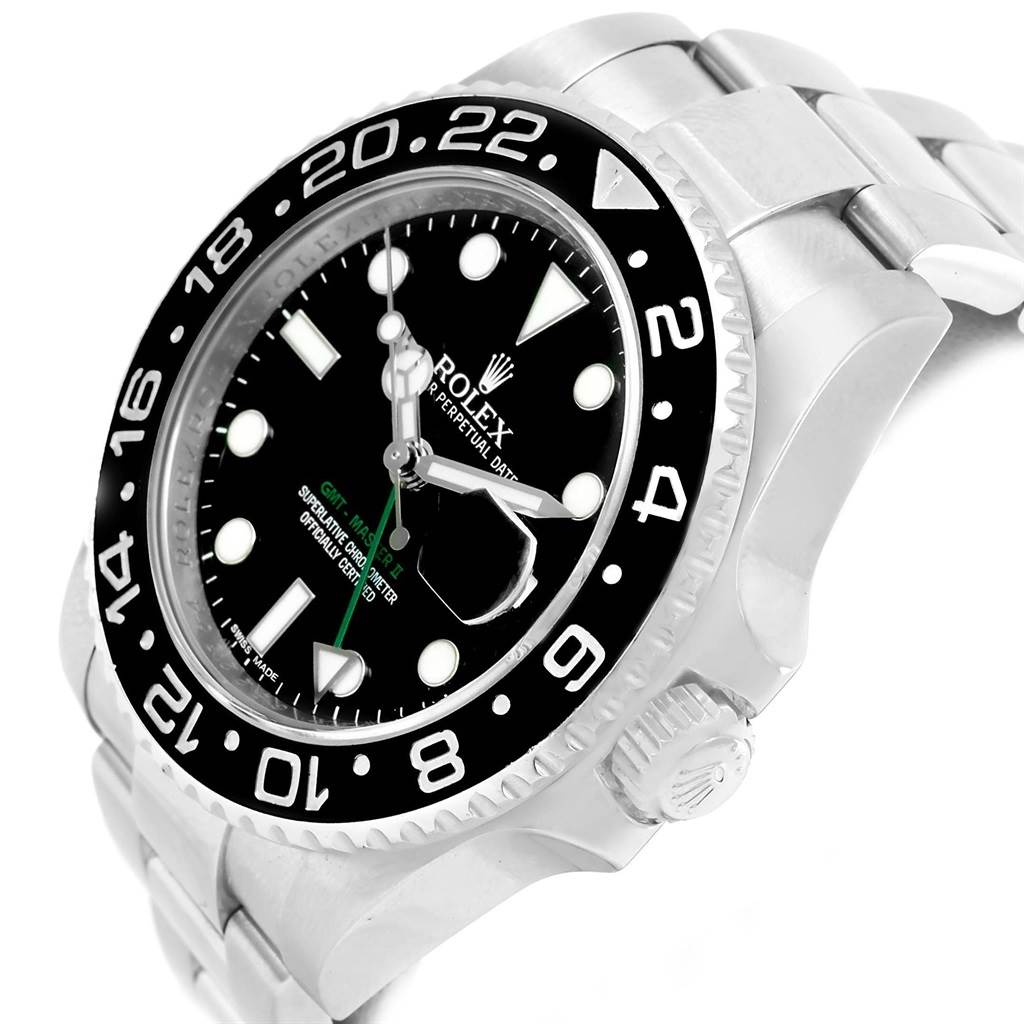 The image shows an angled view of the Rolex GMT-Master 116710 Men's Stainless Steel Black Dial 116710 Men's Stainless Steel Black Dial watch, highlighting its black dial, bezel, and part of the metal bracelet.