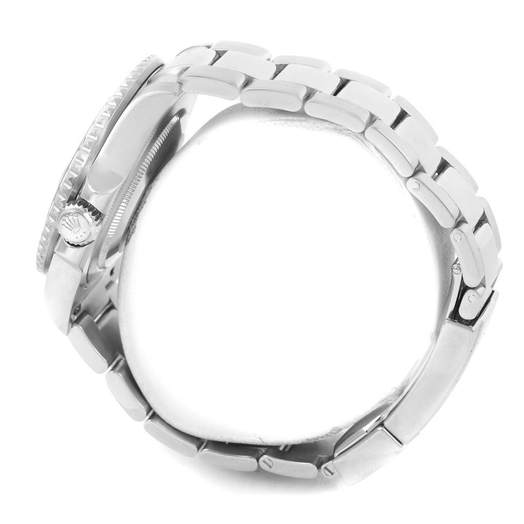 This image shows a side profile of the Rolex GMT-Master 116710 Men's Stainless Steel Black Dial 116710 Men's Stainless Steel Black Dial watch, highlighting the crown and stainless steel bracelet.