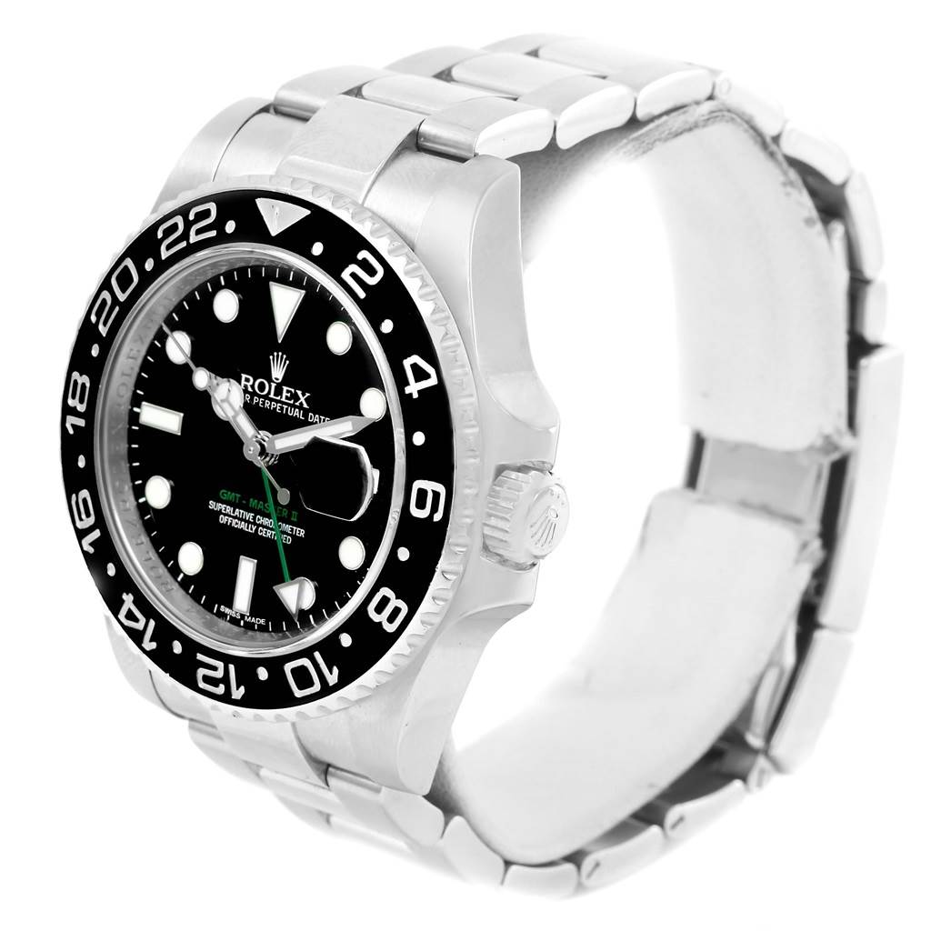 The image shows a Rolex GMT-Master 116710 Men's Stainless Steel Black Dial 116710 Men's Stainless Steel Black Dial watch at a three-quarter angle, highlighting the bezel, dial, and bracelet.
