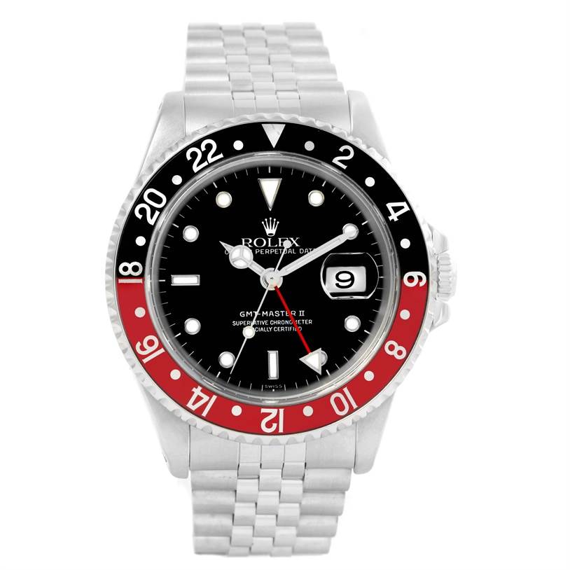 This Rolex GMT-Master 16710 Men's Stainless Steel Black Dial 16710 Men's Stainless Steel Black Dial model watch is shown from a front angle, highlighting its bezel, dial, markers, hands, and bracelet.