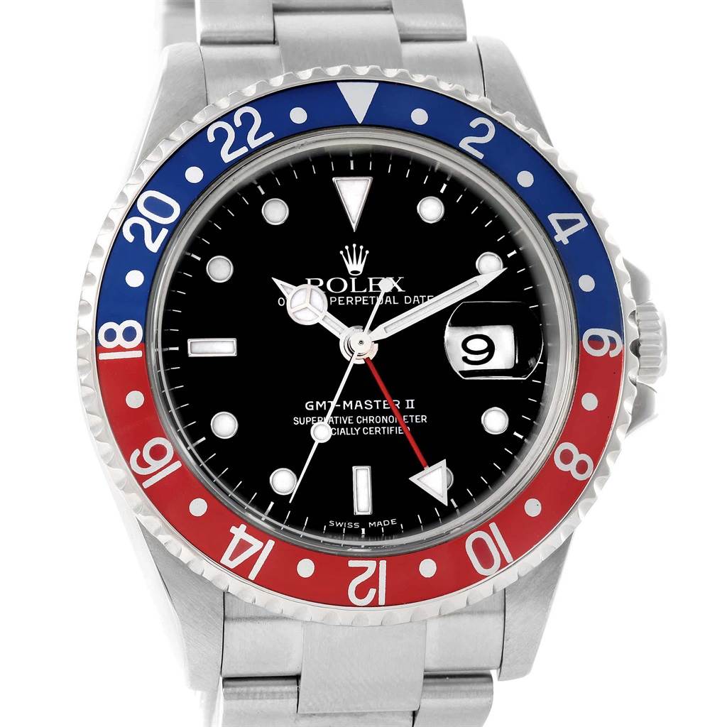 The image shows a front view of the Rolex GMT-Master 16710 Men's Stainless Steel Black Dial 16710 Men's Stainless Steel Black Dial II watch, highlighting the bezel, dial, hands, and part of the bracelet.