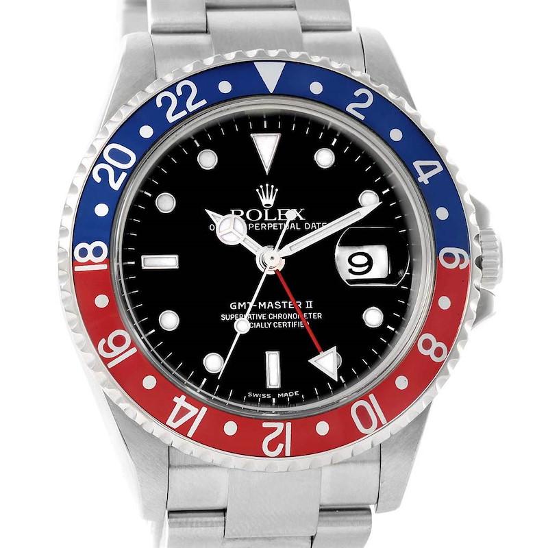 Rolex GMT Master Red Blue Pepsi Bezel Stainless Steel Mens Watch 16710 SwissWatchExpo
