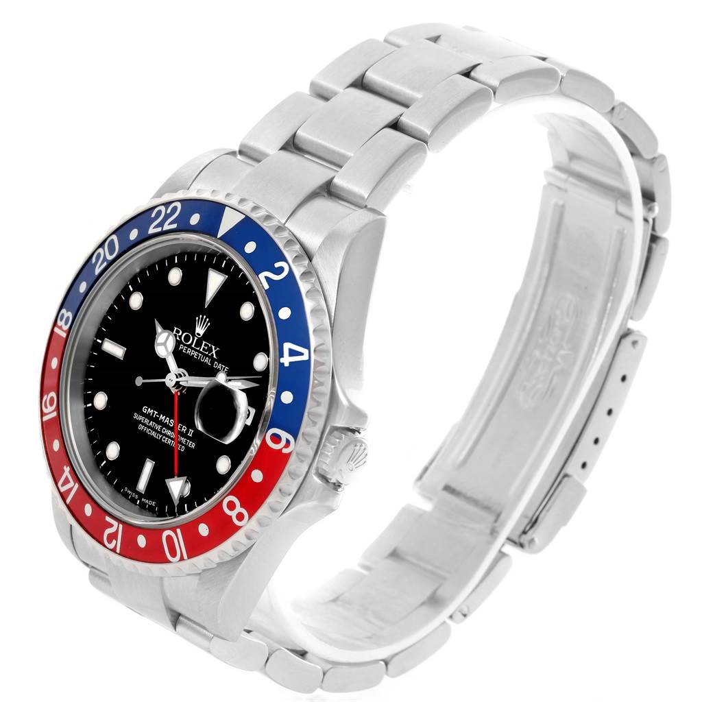 This image shows a Rolex GMT-Master 16710 Men's Stainless Steel Black Dial 16710 Men's Stainless Steel Black Dial watch at a 3/4 angle, highlighting its bezel, dial, crown, and stainless steel bracelet.