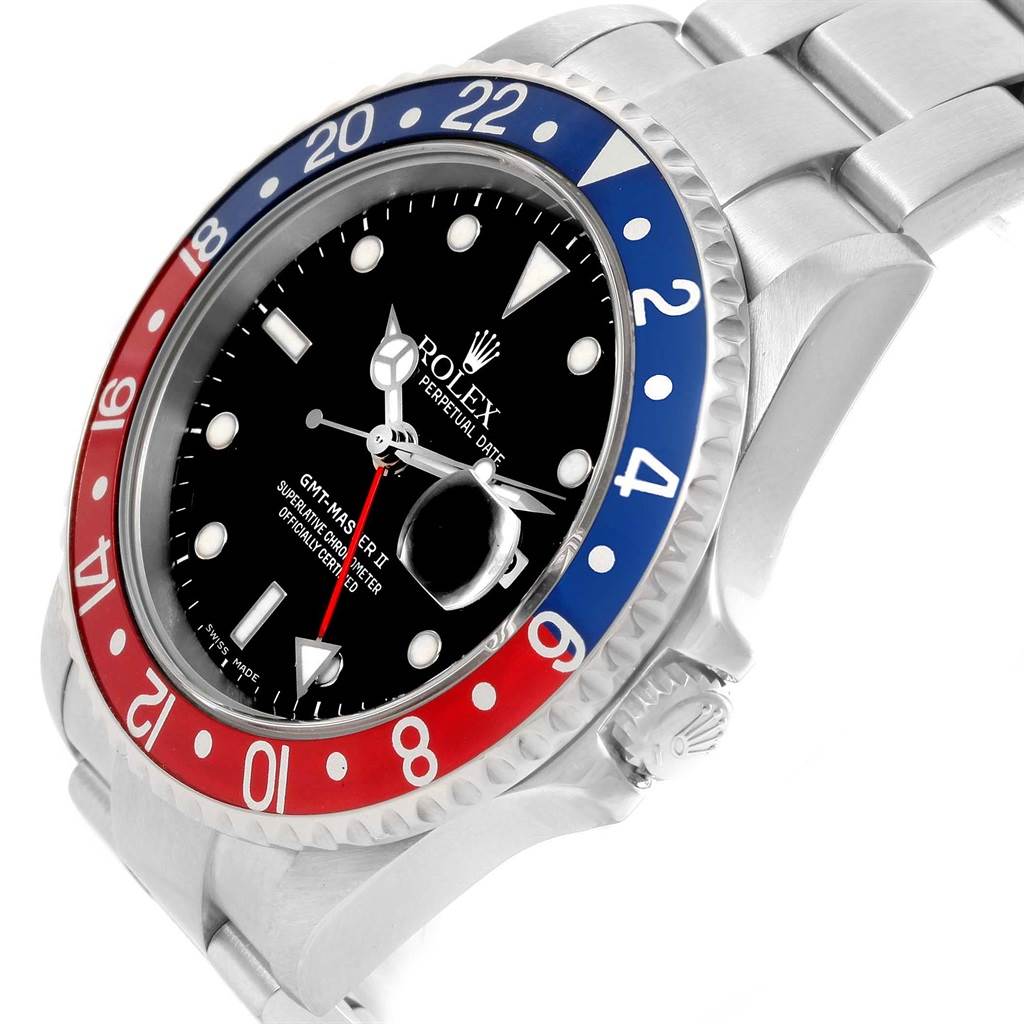 The image shows the dial, bezel, case, and part of the bracelet of the Rolex GMT-Master 16710 Men's Stainless Steel Black Dial 16710 Men's Stainless Steel Black Dial watch from a close-up angle.