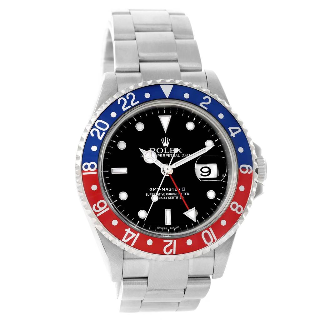 This image shows a front view of a Rolex GMT-Master 16710 Men's Stainless Steel Black Dial 16710 Men's Stainless Steel Black Dial II watch featuring a two-tone blue and red bezel with a stainless steel bracelet.