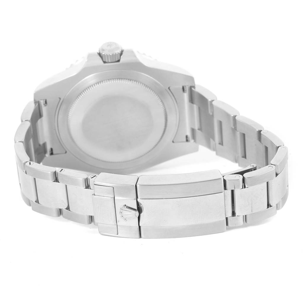 The image shows the back of a Rolex GMT-Master 116710 Men
s Stainless Steel Black Dial 116710 Men
s Stainless Steel Black Dial watch, highlighting the case back and metal bracelet with clasp.