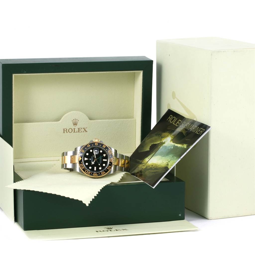 The image shows a Rolex GMT-Master 116713 Men's Stainless Steel Black Dial 116713 Men's Stainless Steel Black Dial watch in its open box with manuals and a cleaning cloth.