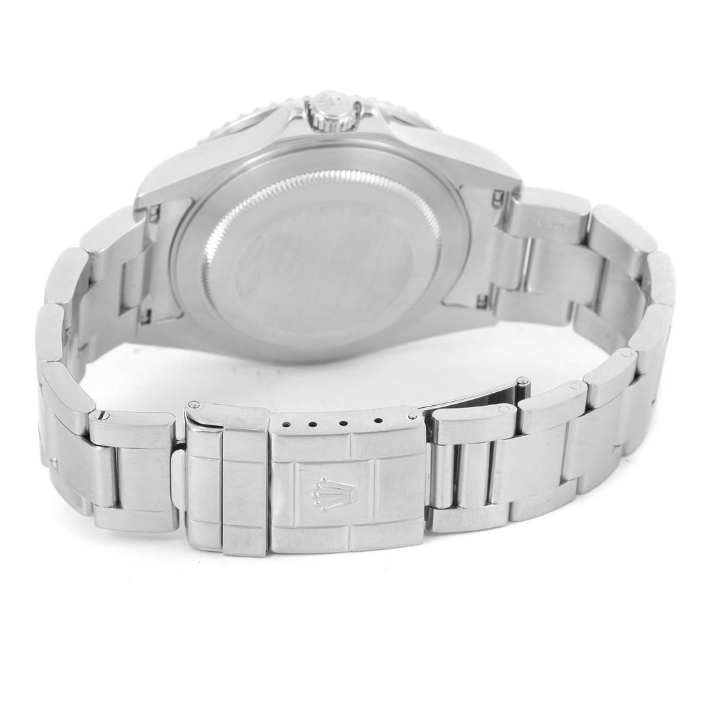 The image shows the back view of a Rolex GMT-Master 16710 Men's Stainless Steel Black Dial 16710 Men's Stainless Steel Black Dial watch, highlighting its case back and metal bracelet with clasp.