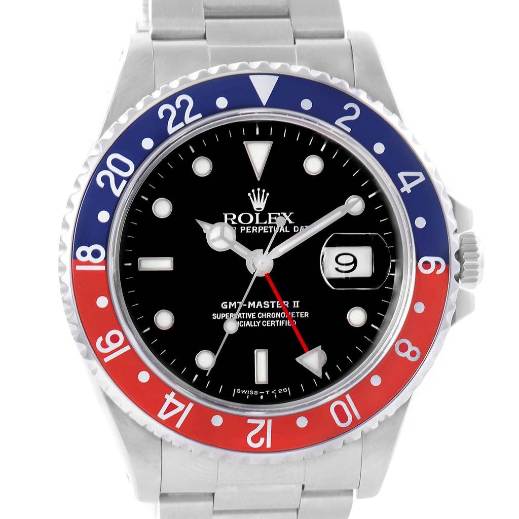 This image shows a front view of the Rolex GMT-Master 16710 Men's Stainless Steel Black Dial 16710 Men's Stainless Steel Black Dial II watch, focusing on the dial, bezel, and part of the bracelet.
